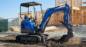 Mini-excavator-leveling-the-ground-in-construction-area
