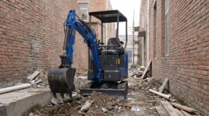 Mini-excavator-working-in-narrow-space-between-buildings