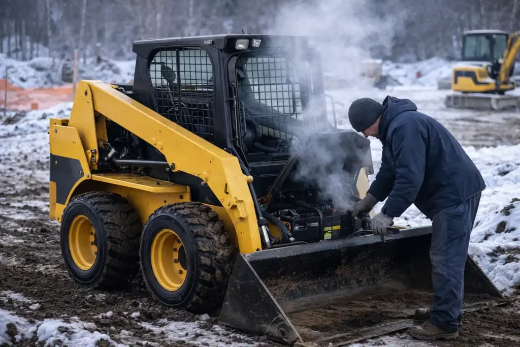 Mechanic inspecting a diesel skid steer loader with hard starting problems on a cold construction site