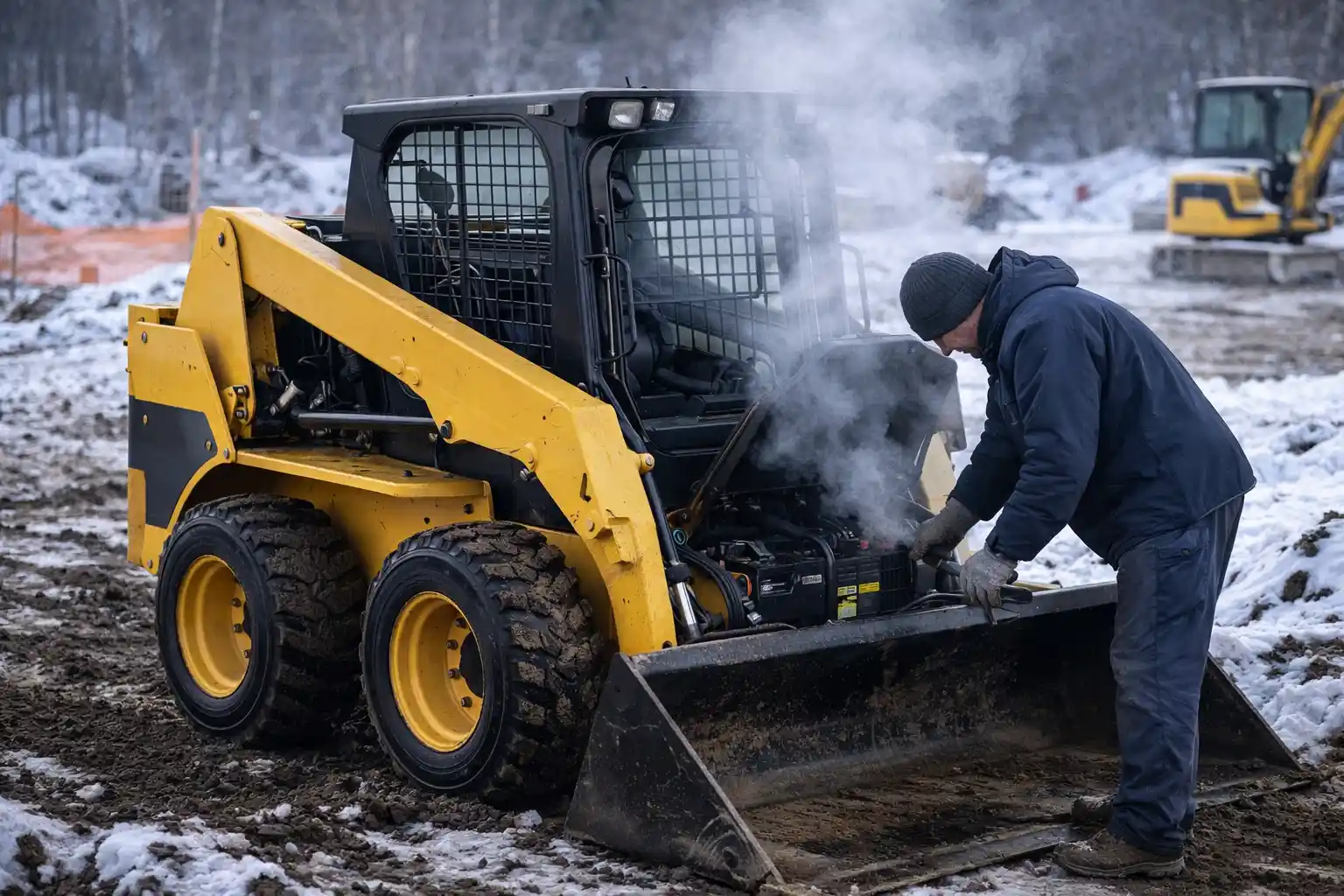 Mechanic inspecting a diesel skid steer loader with hard starting problems on a cold construction site