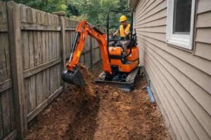 mini-excavator-working-in-tight-space-between-house-and-fence