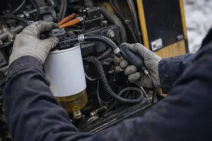 Mechanic checking the fuel filter and priming the fuel system on a diesel skid steer loader