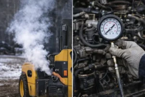 White smoke during skid steer start-up and a compression gauge test on a diesel engine