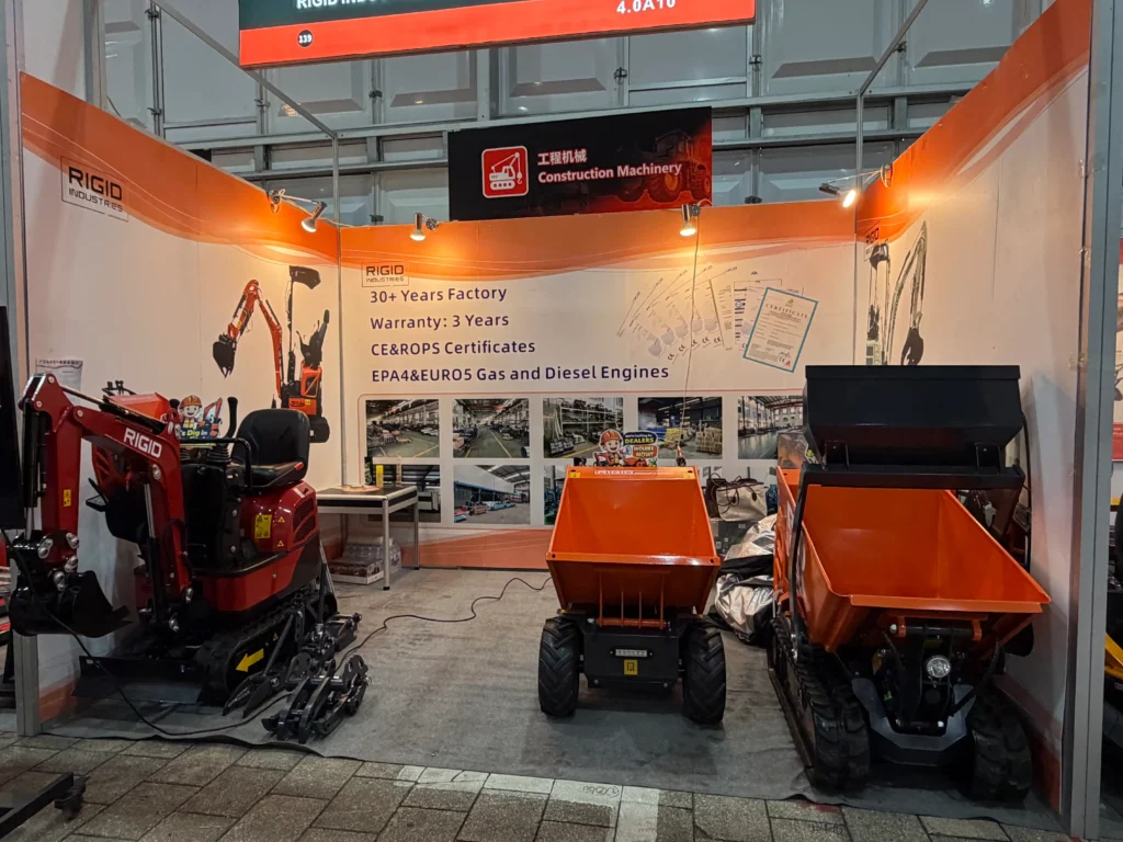 ACE Machinery booth at the 139th Canton Fair showcasing mini excavator and mini dump truck construction equipment in Guangzhou