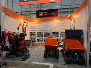 ACE Machinery booth at the 139th Canton Fair showcasing mini excavator and mini dump truck construction equipment in Guangzhou