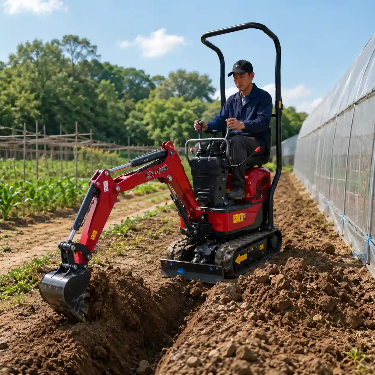 cx006-compact-excavator-greenhouse-trenching-rubber-tracks