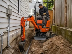small-excavator-digging-drainage-trench-in-tight-space