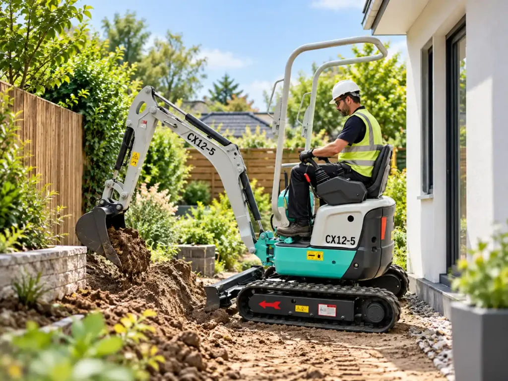ACE CX12-5 mini excavator working in a narrow backyard landscaping site