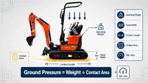 ACE CX12-6 mini excavator ground pressure formula showing operating weight, track width, contact length and contact area