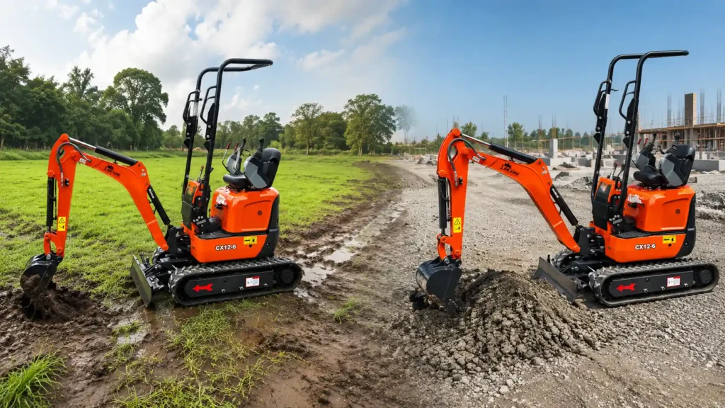 ACE CX12-6 mini excavator working on soft ground and firm construction ground for ground pressure comparison