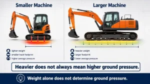 Mini excavator weight and track footprint comparison showing a heavier machine can have lower ground pressure